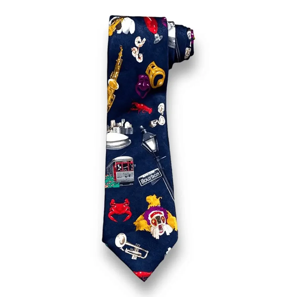 Vintage New Orleans Jazz Music Mardi Gras Silk Tie Navy Novelty Print Travel